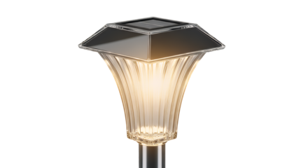 A contemporary solar-powered LED garden lamp with a warm glowing light and a fluted transparent housing, isolated on a clean transparent background