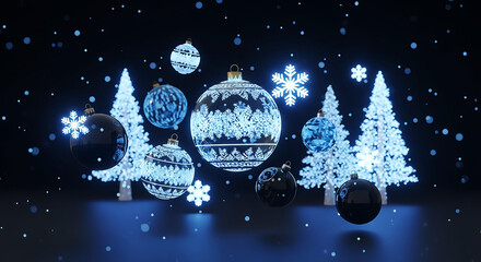 Enchanting winter wonderland with glowing blue and white christmas ornaments, sparkling snowflakes, and illuminated trees