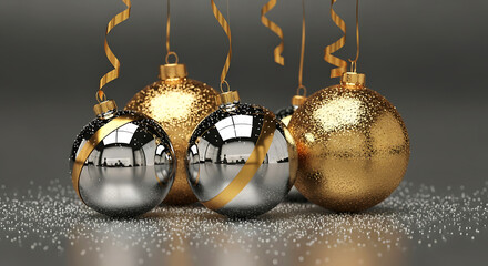 Elegant gold and silver christmas tree ornaments with scattered glitter on a reflective surface for festive celebrations.
