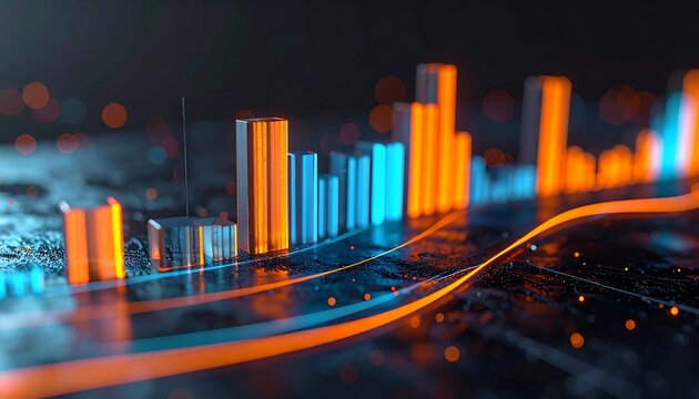 Abstract digital data visualization with vibrant neon bars and dynamic flowing lines