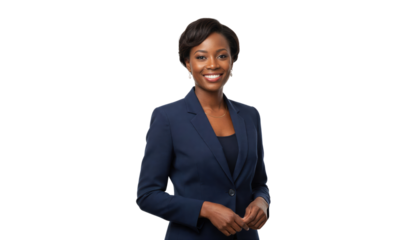 Smiling businesswoman in formal attire with professional demeanor cut out