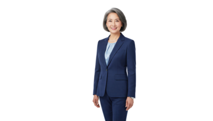 Confident businesswoman in navy suit isolated