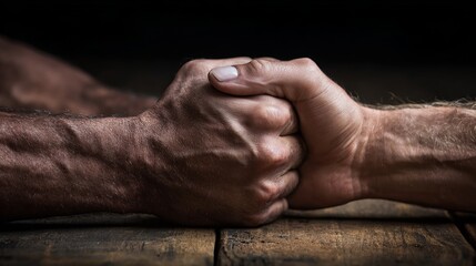 Fototapeta premium Two men's hands clasped tightly in a powerful handshake, symbolizing trust, partnership, and unwavering support on a dark background.