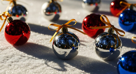 Shiny christmas baubles in vibrant red, silver, and blue with gold ribbons, reflecting winter light on fresh snow, creating long shadows, perfect for holiday season.