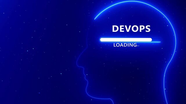 Blue Neon Human Head Silhouette with Dev Ops Loading Bar on Dark Starry Background devops progress bar