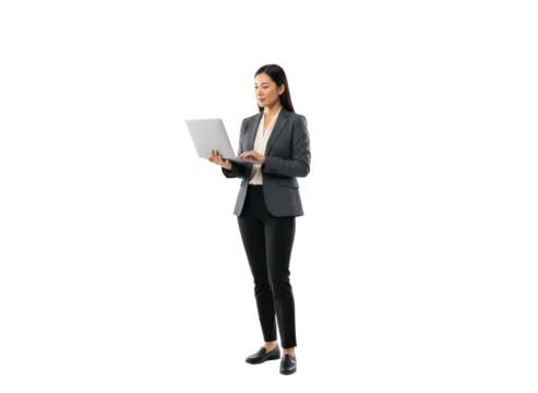 Businesswoman holding laptop with professional attire isolated