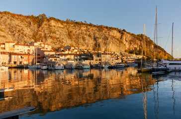 Portopiccolo seaside resort during an autumn sunset, on the Trieste coast, Italy