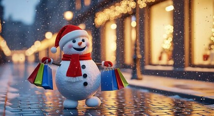 A festive snowman goes Christmas shopping on a snowy winter night, in a festive mood
