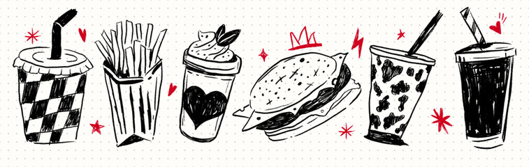 Punk doodle fast food set, hand drawn burgers, fries, drinks, and milkshake with red accents, grunge sketch illustration on dotted paper background for edgy collage and street art design
