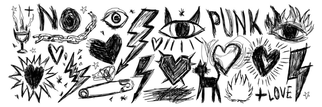 Grunge punk doodle set, hand drawn black sketch elements with hearts, lightning, chains, eyes, and flames, rebellious scribble art for rock posters, edgy collage and alternative design