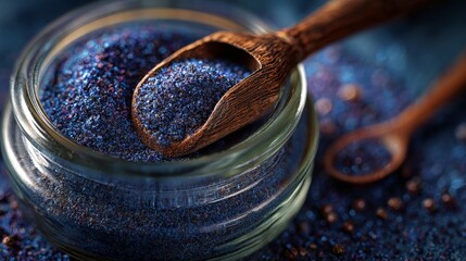 Vivid blue glitter fills a glass jar, accompanied by a wooden spoon, highlighting the shimmering texture and colorful appeal for crafting and artistic applications