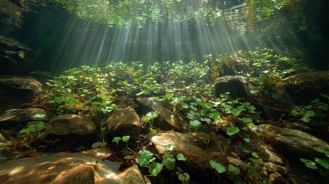 Magical underwater scene with sunbeams piercing crystal clear water illuminating lush green plants and smooth river rocks creating a serene, natural environment - Powered by Adobe