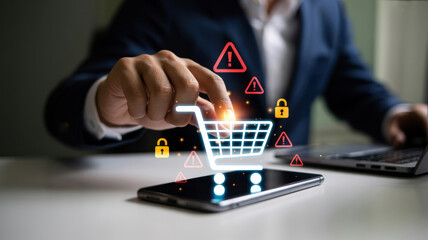 A security alert concept for e-commerce. This warning signifies a risk in an online shopping transaction, potential payment fraud, or a cybersecurity threat to the user. Fermion