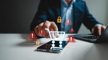 A security alert concept for e-commerce. This warning signifies a risk in an online shopping transaction, potential payment fraud, or a cybersecurity threat to the user. Fermion