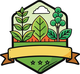 Flat Design Emblem with Plants, Cloud, and Ribbon Banner logo badge