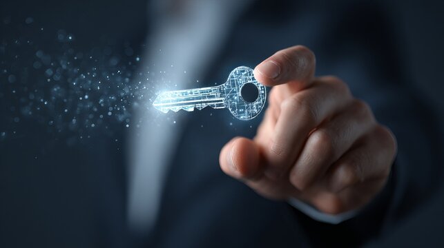 Businessman holding glowing digital key representing access, security, and innovative solutions for business success and technology.