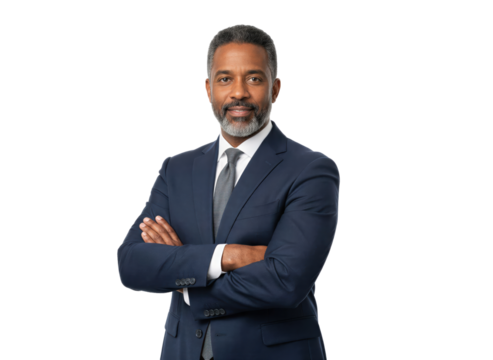 Confident businessman in suit with crossed arms isolated