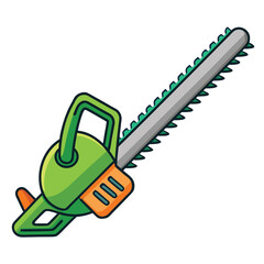 Green and Orange Chainsaw with Silver Blade Angled on White Background Keywords: chainsaw, tool, equipment