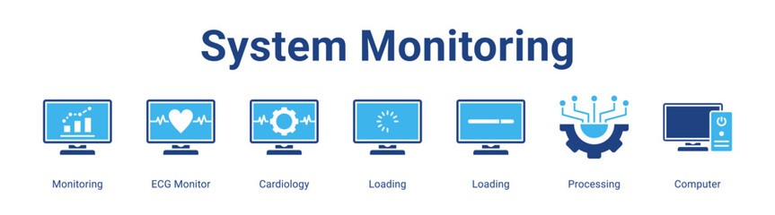 System Monitoring web banner icon vector illustration concept featuring Monitoring, ECG Monitor, Cardiology, Loading, Loading, Processing and Computer in a collection set.