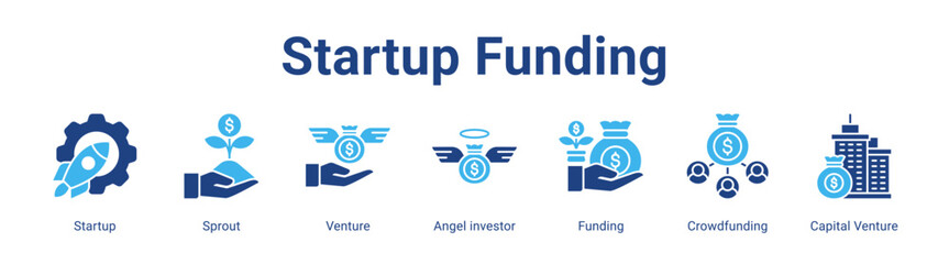 Startup Funding web banner icon vector illustration concept featuring Startup, Sprout, Venture, Angel investor, Funding, Crowdfunding and Capital Venture in a collection set.