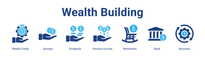 Wealth Building web banner icon vector illustration concept featuring Wealth Funds, Savings, Dividends, Passive Income, Retirement, Bank and Recovery in a collection set.
