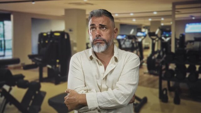 Man with arms crossed in gym building, wearing casual linen shirt and frowning while looking upward amid equipment; frustration. - Powered by Adobe