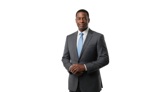 Businessman in formal suit with blue tie isolated