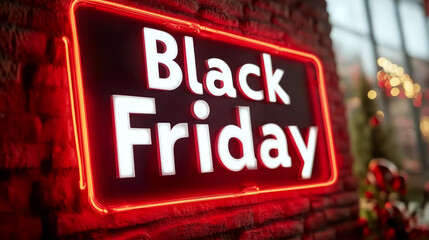Black and red neon sign says "Black Friday" on a brick wall. Concept shopping and sales event. For advertising sales events.