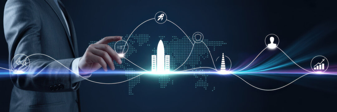 Businessman interacting with a digital interface showing business growth and success using modern technology for strategy and development - Powered by Adobe