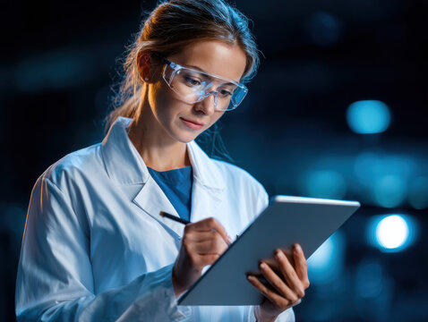 Female scientist in lab coat is holding tablet and writing thoughtfully, showcasing moment of concentration and innovation