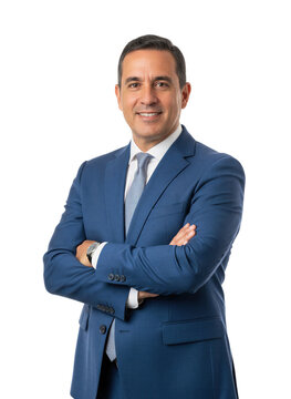 Confident businessman in blue suit and tie isolated