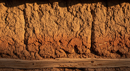 Close-up of rough adobe wall texture with wooden beam and shadow, evoking rural construction and cultural heritage, ideal for earth concepts