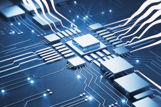 Close-up of a modern computer processor showcasing intricate circuit patterns and glowing blue lights ideal for technology and innovation concepts