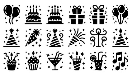 Birthday Celebration Icon Set &mdash; Cupcake, Gift Box, Balloons, Party Hats, and Music Symbols Black Silhouette Vector
