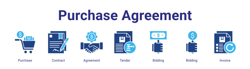 Purchase Agreement web banner icon vector illustration concept featuring Purchase,Contract,Agreement,Tender,Bidding,Bidding and Invoice in a collection set.