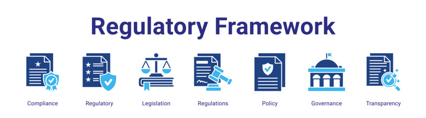 Regulatory Framework web banner icon vector illustration concept featuring Compliance,Regulatory,Legislation,Regulations,Policy,Governance and Transparency in a collection set.