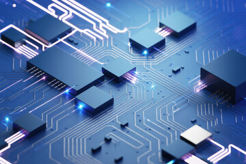 Abstract blue circuit board background technology concept with glowing lights for digital design and high tech industry