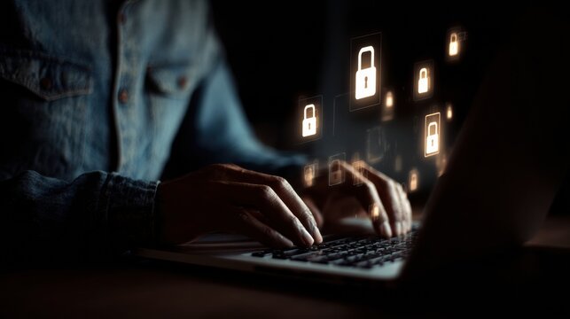 Businessman in Casual Clothes Working on Laptop With Digital Security Icons Floating in the Background