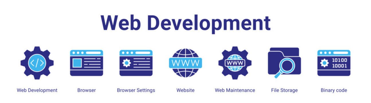 Web Development web banner icon vector illustration concept featuring Web Development,Browser,Browser Settings,Website,Web Maintenance,File Storage and Binary code in a collection set.