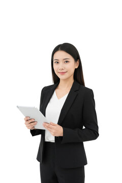 Businesswoman in professional attire holding tablet isolated