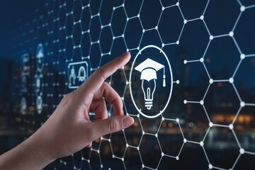 Hand interacting with digital screen, education and idea icon