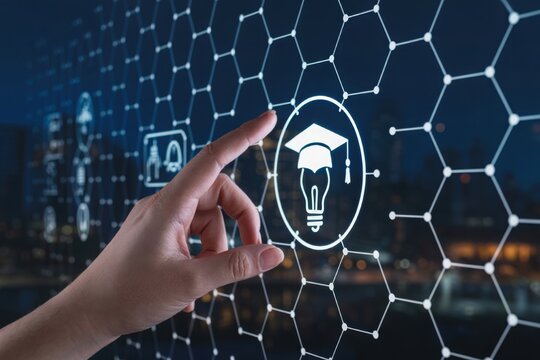 Hand interacting with digital screen, education and idea icon - Powered by Adobe