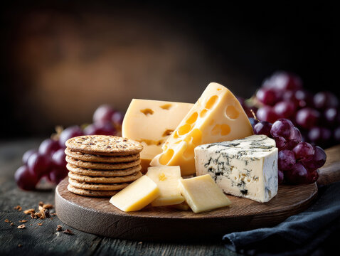 Delicious plate of assorted cheeses, crackers, and grapes creates delightful and inviting presentation for any gathering