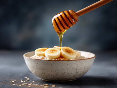 Delicious bowl of oatmeal topped with sliced bananas and drizzled honey, creating warm and inviting breakfast experience