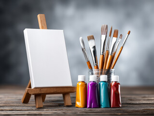 Collection of art supplies featuring blank canvas, paintbrushes in jar, and vibrant paint tubes, inspiring creativity and artistic expression