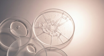 Multiple petri dish with transparent gel and one broken petri dish, representing a possible failure or fragility in scientific research or skincare