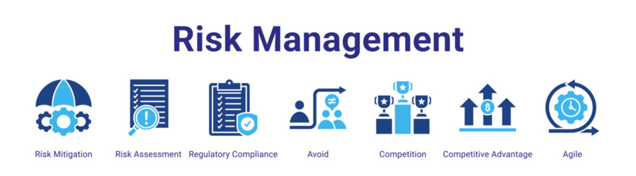 Risk Management web banner icon vector illustration concept featuring Risk Mitigation,Risk Assessment,Regulatory Compliance,Avoid,Competition,Competitive Advantage and Agile in a collection set.