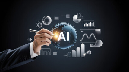 AI technology concept with hand touching digital interface artificial intelligence and global data analysis modern business solution