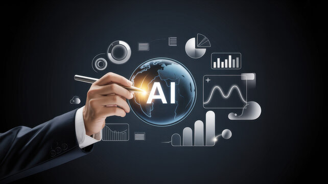 AI technology concept with hand touching digital interface artificial intelligence and global data analysis modern business solution