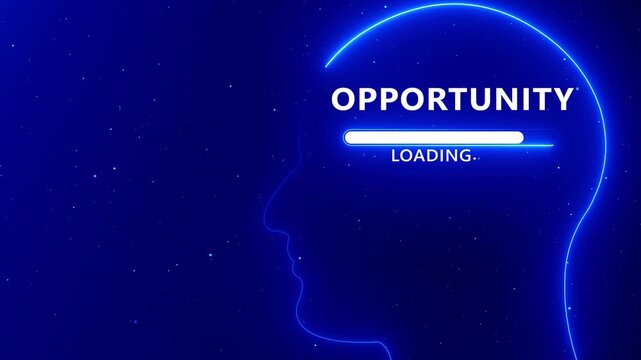 Neon blue outline of a human head profile with the word OPORTUNITY and a loading bar on a dark blue starry background